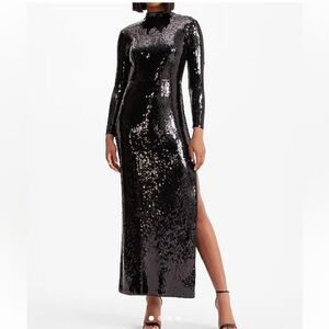 Express Black Sequin Long-Sleeve Maxi Dress with Side Slit
